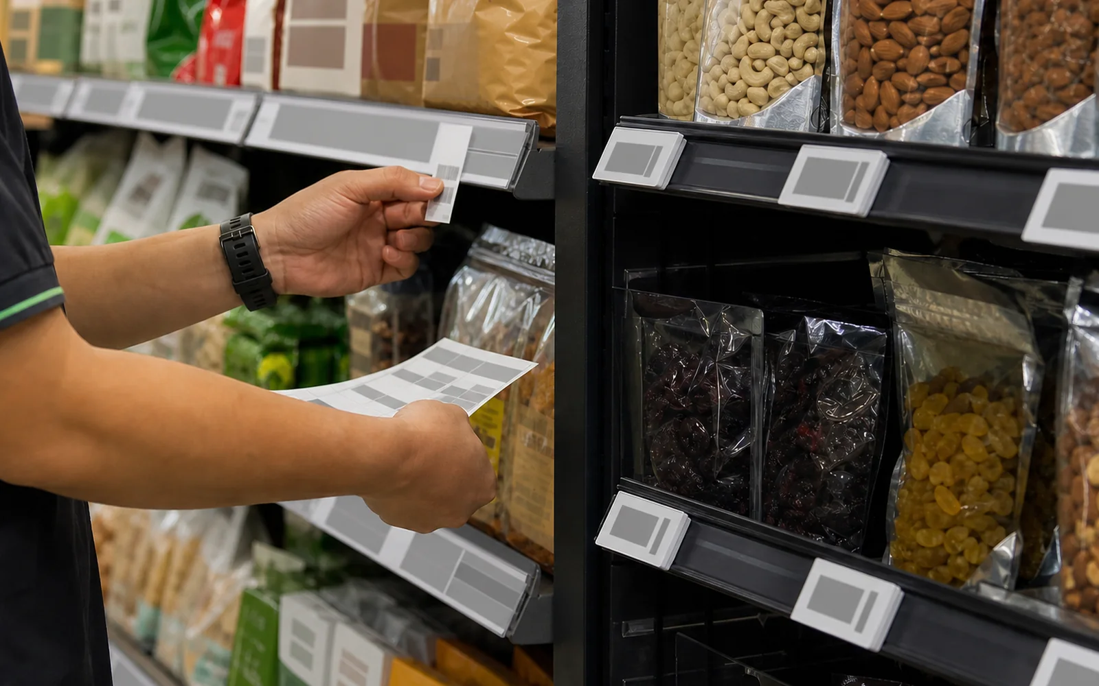 Shelf-level comparison of manual paper pricing and electronic shelf labels