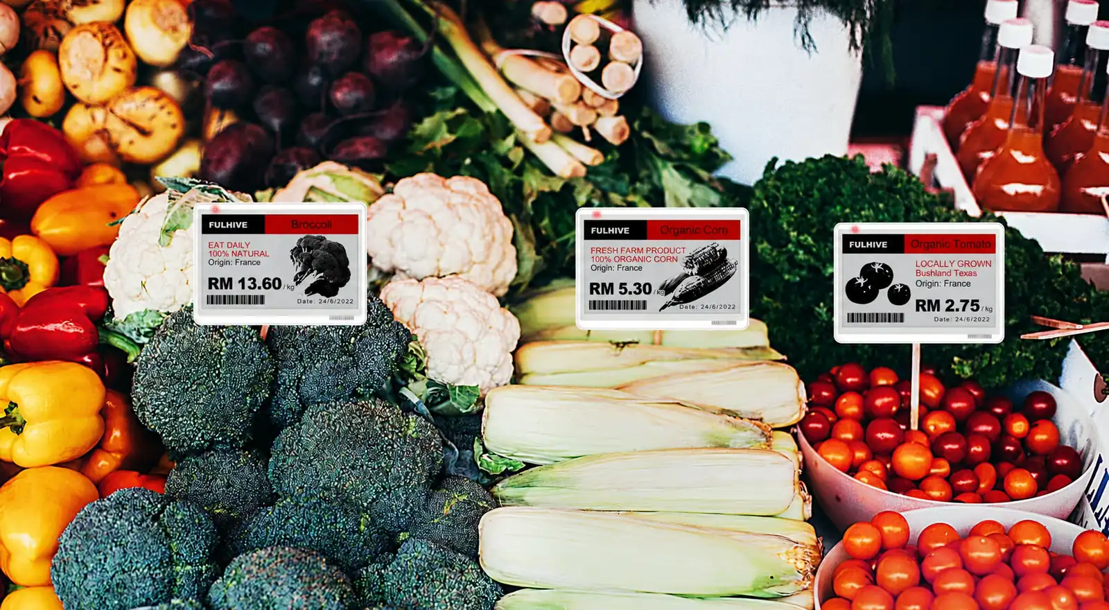 Fulhive electronic shelf labels showing RM prices across a fresh produce display